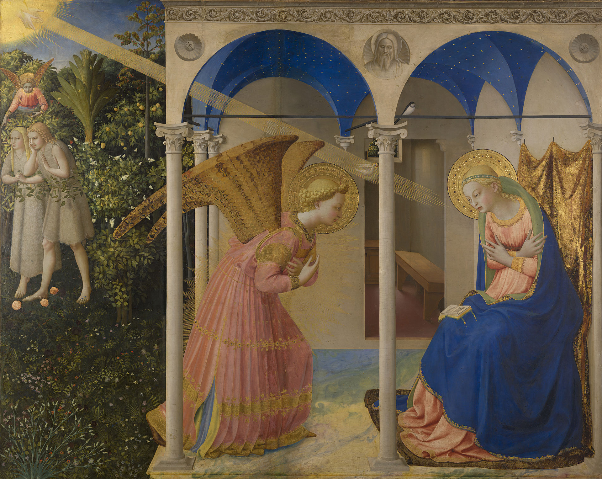 The Annunciation by Fra Angelico — the angel Gabriel before Mary, with the Expulsion of Adam and Eve at left.